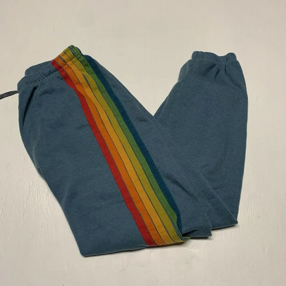 Aviator Nation 5 Striped Sweatpants Women Size L Blue Wash Casual USA Ultra Soft